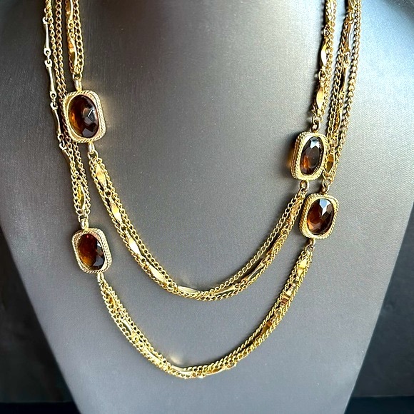 VTG 60’s Sarah Coventry Golden Embers Necklace Gold Tone w Topaz Amber Glass 52” - Picture 5 of 5